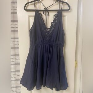 Free People Intimately Black Boho Crochet Neck Trim Swing Dress Size Large NWT